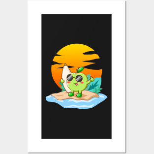 Surfer Apple Kawaii Character Funny Summer Beach Surfing Posters and Art
